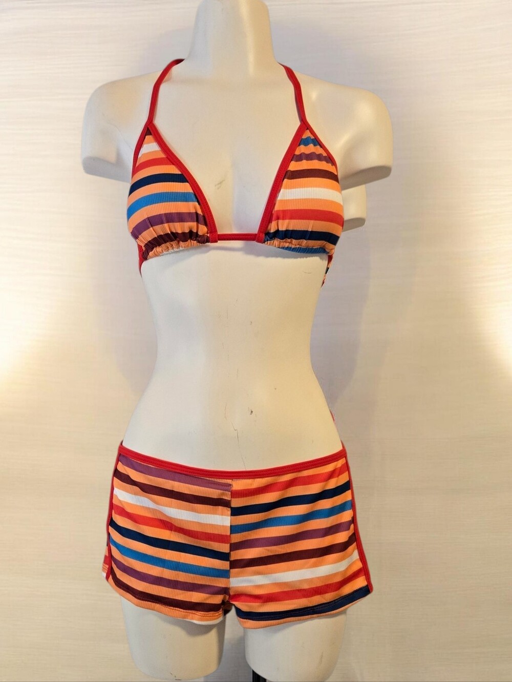Striped Triangle Bikini Set With Boy Shorts Size M